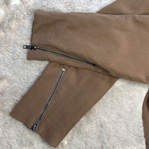 UMGEE | Tan Faux Suede Cropped Moto Jacket with Applets & Zipper Details - Picture 7 of 11